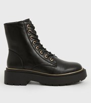 New Look Black Leather-Look Metal Trim Lace Up Chunky Boots